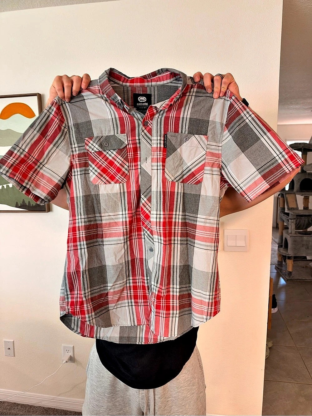 Obey Men's Red & Gray Plaid Button Down